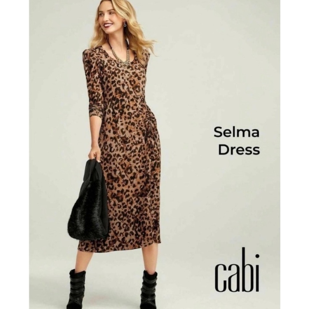 Cabi Selma Leopard Print V-Neck Long Sleeve Midi Dress Size M Fall Autumn Chic - Picture 2 of 13